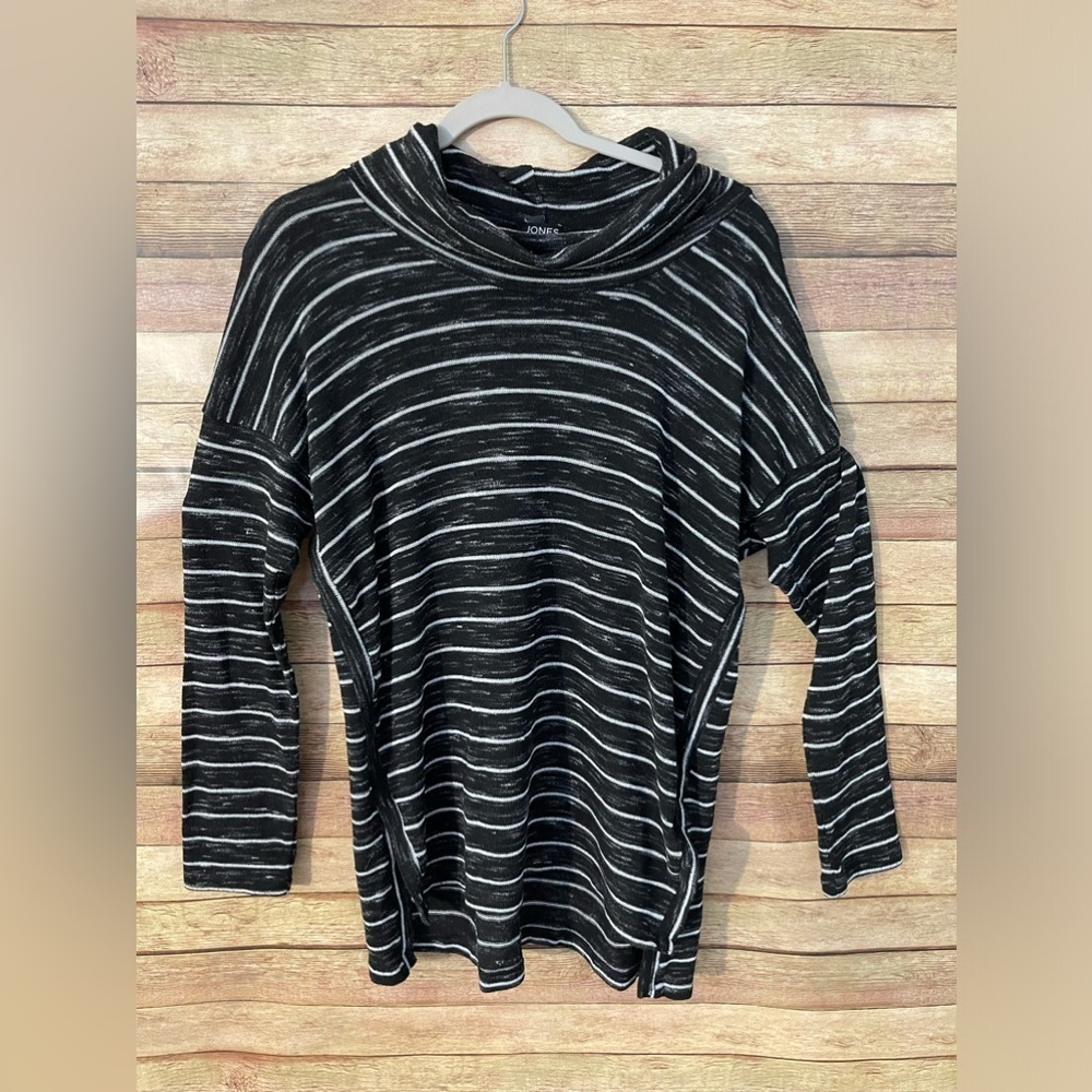 Jones New York Womens Black White Stripe Cowl Neck Knit Sweater Size Large